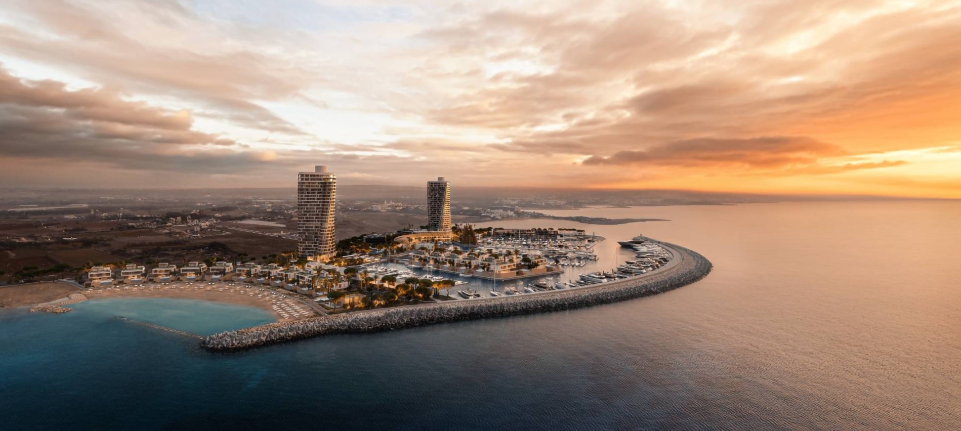 A stunning view of Ayia Napa Marina at sunset.