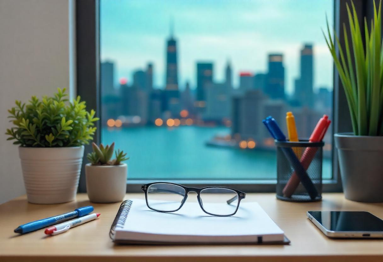 Desk with various office supplies and